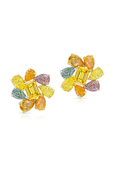 Fancy Color Diamond Flower Earrings in Yellow Gold