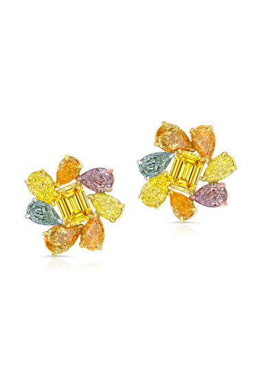 Fancy Color Diamond Flower Earrings in Yellow Gold