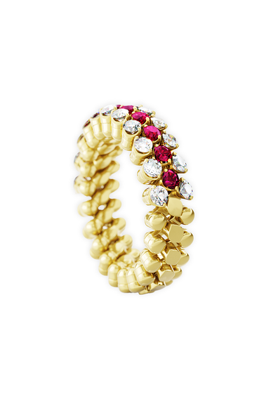 Brevetto 3-row Multi Size Ring in Yellow Gold with Rubies