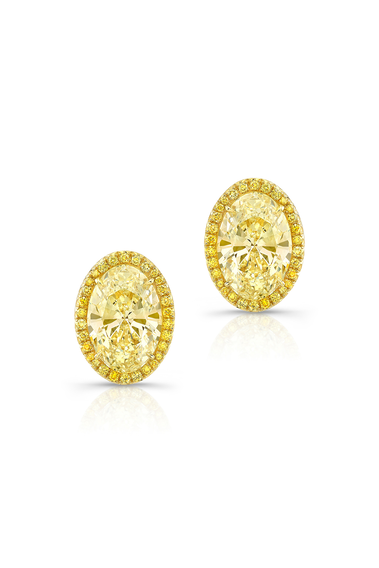 Oval Cut Yellow Diamond Halo Studs in Yellow Gold