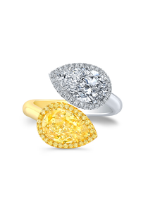 Pear cut Yellow and White Diamond Halo Bypass Ring