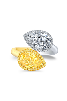 Pear cut Yellow and White Diamond Halo Bypass Ring