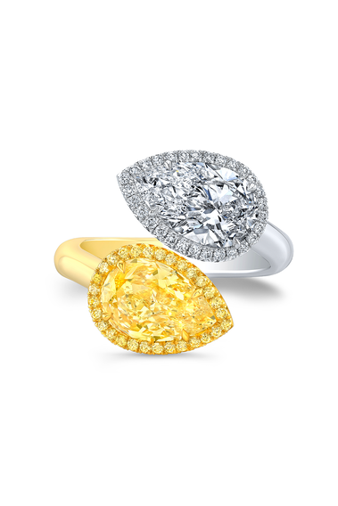 Pear cut Yellow and White Diamond Halo Bypass Ring