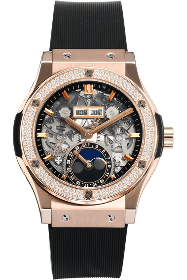 Pre Owned Hublot Aerofusion Moonphase King Gold Diamonds Rose Gold Automatic