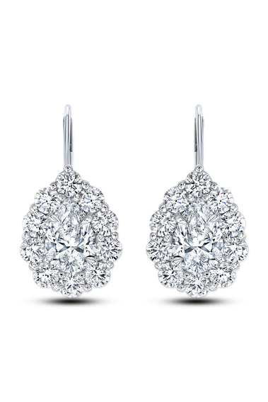 Pear cut Diamond Cluster Ear Pendants in White Gold