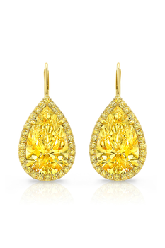 Pear cut Yellow Diamond Halo Ear Pendants in Yellow Gold