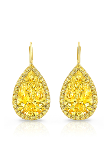 Pear cut Yellow Diamond Halo Ear Pendants in Yellow Gold