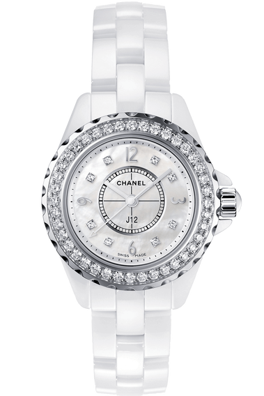 Chanel Lady's White Ceramic J12 Automatic Wristwatch with Diamond Bezel