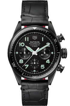 Autavia Calibre Heuer 02 Automatic Mens Black Leather Chronograph