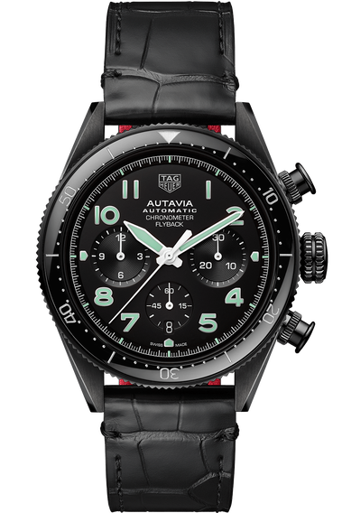 Autavia Calibre Heuer 02 Automatic Mens Black Leather Chronograph