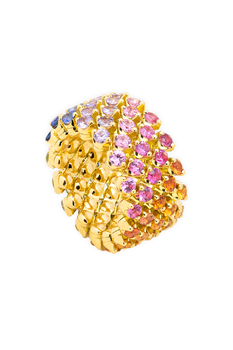 Brevetto 5-row Multi Size Ring in Yellow Gold with Rainbow Sapphires