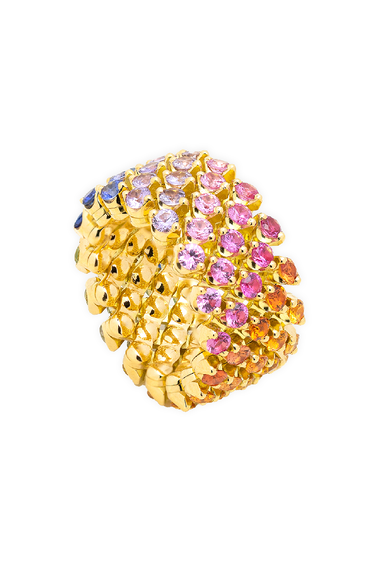 Brevetto 5-row Multi Size Ring in Yellow Gold with Rainbow Sapphires