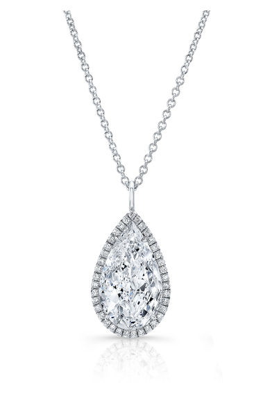 Pear cut Halo Pendant in White Gold