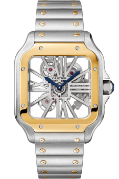 Santos De Cartier Skeleton, Large Model, Manual, Yellow Gold And Steel, Leather