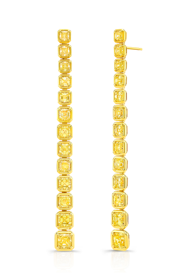 Asscher Cut Yellow Diamond Drop Earrings in Yellow Gold