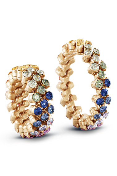 Brevetto 3-row Multi Size Ring in Pink Gold with Rainbow Sapphires