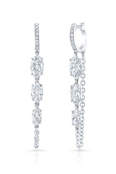 Oval Cut Diamond Chain Earrings in White Gold