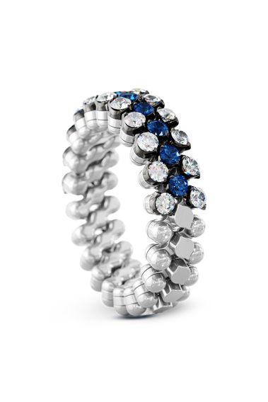 Brevetto 3-row Multi Size Ring in White and Black Gold with Sapphires