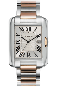 Cartier Tank Solo XL Rose Gold Silver Dial Steel Mens Watch