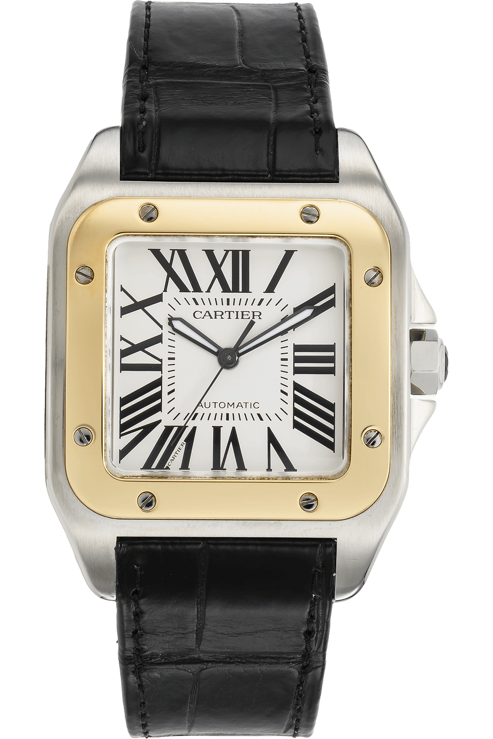Cartier Santos 100 Automatic Stainless Steel Watch with 18k Gold Bezel –  Elie's Fine Jewelry