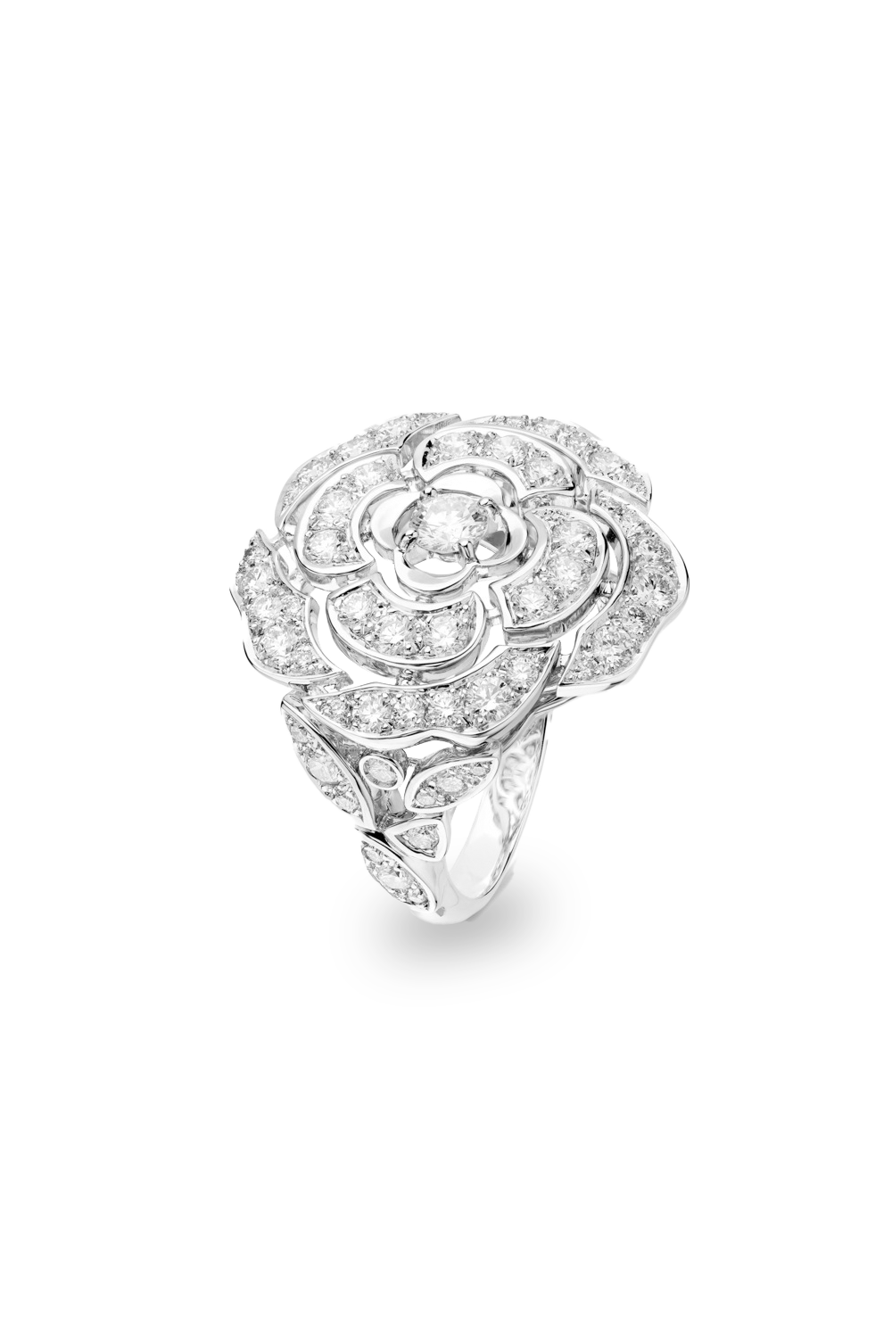 CHANEL Profil De Camellia Diamond 18K Gold Ring Size 50 US Size 5.50